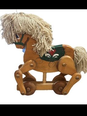 Vintage Large SOLID WOOD Horse Amish 2001 Handcrafted Moving Legs Yarn Mane